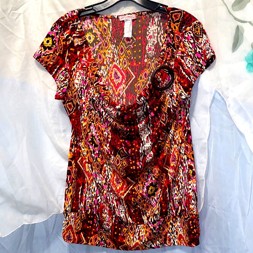 SIX DEGREES SHORT SLEEVE DRAPE RED PRINT TOP SZ XL